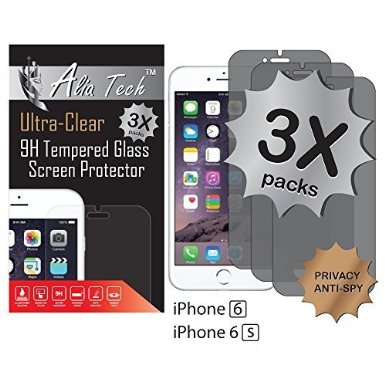 iPhone 6 Screen Protector, 3 pack Alia Tech™ Anti-Spy Privacy Tempered Glass Screen Protector iPhone 6, 0.3 mm, 2.5D Round Edges, Best & Easy Installation Screen Protector for iPhone 6 & 6s.