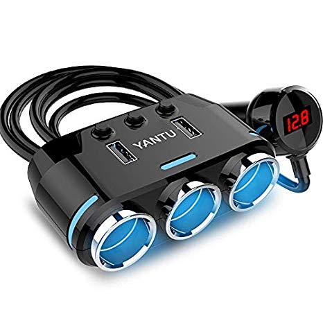 Car Cigarette Lighter Splitter 3 Cigarette Lighter Socket Long Cord, Car Charger 3.1A Dual Port USB car 100W DC 12V Splitter 24V Outlet with Voltage Display