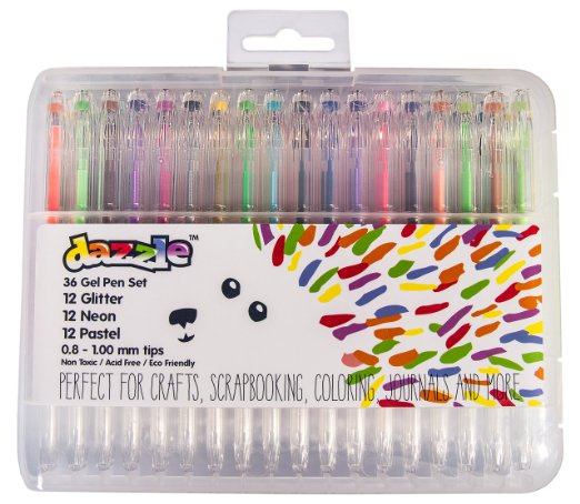Dazzle 36 Color Gel Pen Set | Glitter, Neon & Pastel Assortment | Great for Adult Coloring Books, Scrapbooking, Doodling & Craft | Convenient Case | Makes an excellent gift for kids & grown-ups