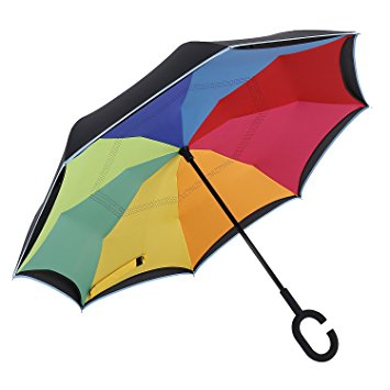 ReLIVE Inverted Rain Umbrella with Reverse Drip Proof Folding and Sturdy C Shaped Handle to Hook and Store in Convenient Place, Black and Rainbow