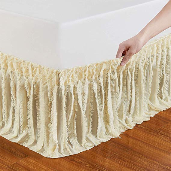 QSY Home Wrap Around Elastic Bed Skirts 16 Inches Drop Dust Ruffle Three Fabric Sides Easy On/Easy Off Adjustable Polyester(Beige Queen/King)
