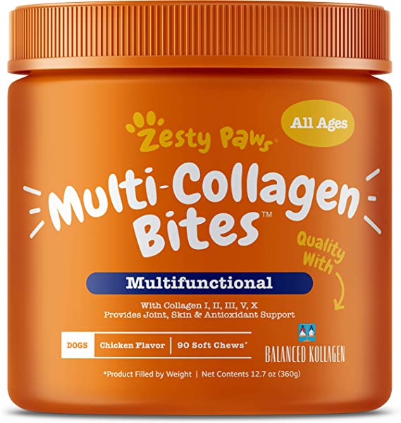 Zesty Paws Multi-Collagen Bites, Chicken, 90ct Zesty Paws Multi Collagen Soft Chews for Dogs - for Hip, Joint & Cartilage Support   Skin