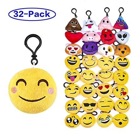 Olicity Emoji Keychain, Emoji Party Favors Mini and Cute Plush Pillows, Emoji Party Supplies for Kids Christmas, Birthday, Classroom Rewards, 2” , Pack of 32