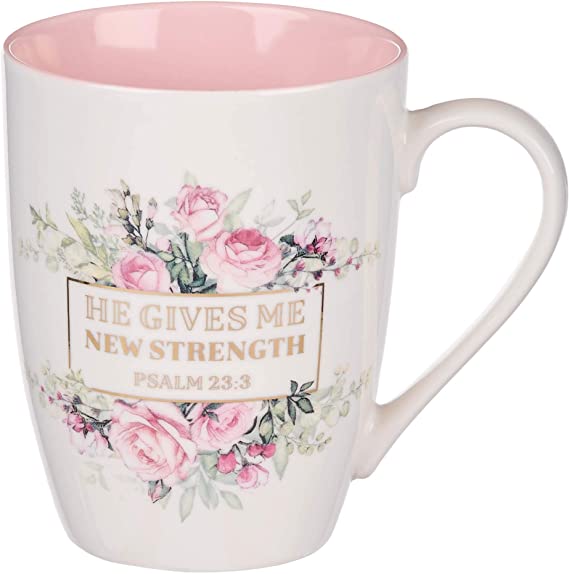 He Gives Me New Strength Psalm 23:3 Ceramic Christian Coffee Mug for Women - Pink Roses w/Gold Inspirational Coffee Cup, 12-Ounce