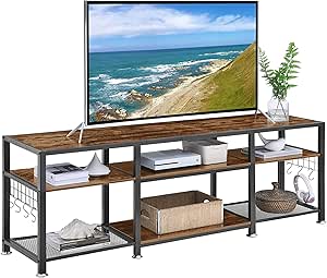 VECELO 63" TV Stand for 60/65/70 Inch Television, Entertainment Center with Storage Shelves & Hooks, 3-Tier Modern Wooden Console Table for Living, Bedroom and Gaming Room, Retro Brown