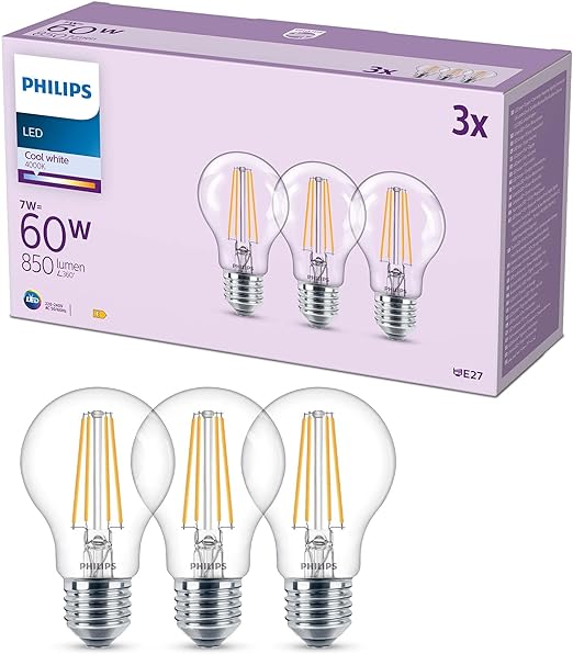 PHILIPS LED Frosted A60 Light Bulb 3 Pack [Cool White 4000K - E27 Edison Screw] 60W, Non Dimmable. for Home Indoor Lighting