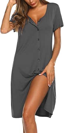 Ekouaer Women's Nightshirt Short Sleeve Button Down Nightgown V-Neck Sleepwear Pajama Dress