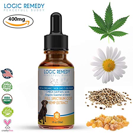 LOGIC REMEDY Full Spectrum CO2 Hemp Oil Extract & Essential Oil Blend for Dogs/Cats- Vegan & USDA Certified Organic, Peaceful Buddy-Fights Stress, Separation Anxiety, Improves Hip & Joint Health
