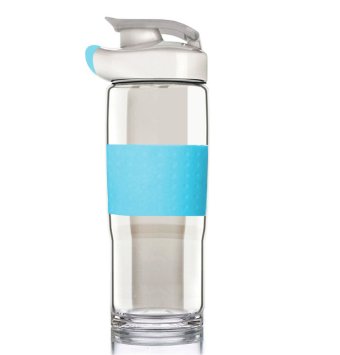 Top Quality Environmental Glass Water Bottle Borosilicate Silicone Sleeve Sports Drinking Cup with Flip Top Lid Spout Cap Carrying Handle, 18.5 oz in Yellow, Gray, Blue, & Pink Colors