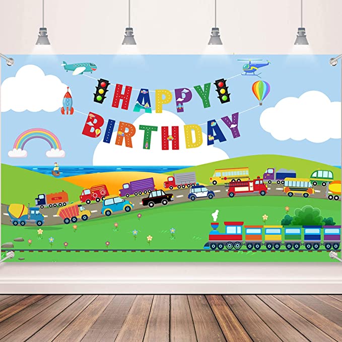 Transportation Birthday Party Supplies Decorations Traffic Backdrop Background Banner for Boys Girls Birthday Party Favor Car Bus Train Plane Ship Automobile Theme Party Photo Booth Cake Table Decor