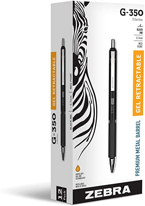 Zebra Pen G-350 Retractable Gel Pen, Medium Point, 0.7mm, Space Black Barrel, Black Rapid Dry Ink, 12 Pack, Model: 40710