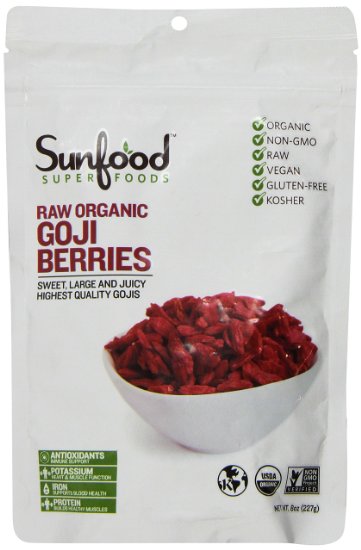 Sunfood Goji Berries, Certified Organic, Non-GMO, 8oz