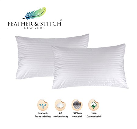 Feather & Stitch Super Plush Pillows (Set of 2), Down Alternative, Hotel Collection Pillows, Premium Quality, Dust Mite Resistant, 100% Cotton 233 Thread Count Outer Shell ,Queen/Standard, MADE IN USA