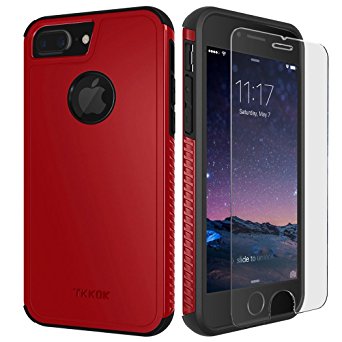 TKKOK iPhone 7 Plus case For Girls, Slim Dual layer Heavy Duty Rugged Scratch-Resistant Shockproof Non-slip Grip Protective Cover [Tempered Glass Screen Protector Included] for iPhone 7 Plus-Red/Black
