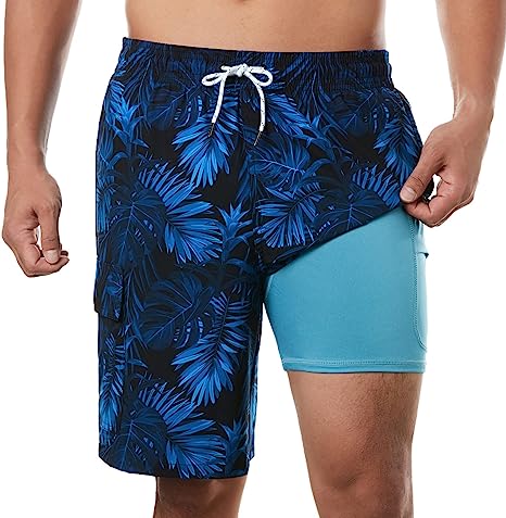 BRISIRA Mens Swim Trunks Swim Shorts with Compression Liner 9 inch Inseam Quick Dry Cargo Pocket Swim Trunks