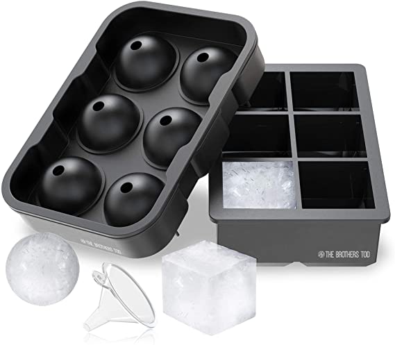 The Brothers Tod Deluxe Silicone Ice Cube Molds -Combo Set Large Ice Cube Mold and Large Sphere Ice Ball Mold with Lid - Reusable and No BPA   with Funnel