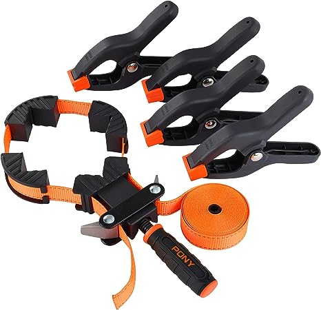 PONY 5-in-1 Strap Clamp with 4-Pack 6-2/7" Spring Clamps, Woodworking Frame Clamping Strap Holder, Rapid Acting Band Clamp