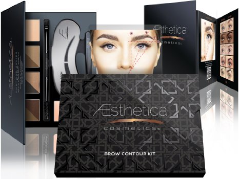 Aesthetica Cosmetics Brow Contour Kit - 15-Piece Contouring Eyebrow Makeup Palette - Includes Powders Wax Stencils SpoolieBrush Duo Tweezers and Step-by-Step Instructions - Vegan and Cruelty Free