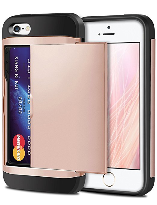iPhone 5S Case, Wollony Hybrid Slim Fit Sliding 2 Card Slot Holder Wallet Cover Dual Layer Anti-Scratch Shockproof Protective Back Armor Case for iPhone 5S/5 - Rose Gold