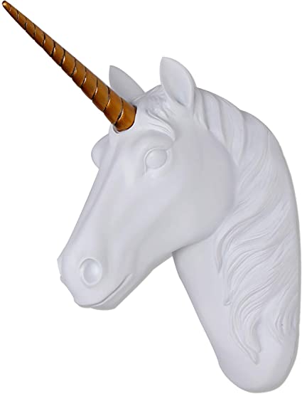 Unicorn Head Wall Mount White Unicorn Head Sculpture With Gold Horn Faux Resin Animal Head Wall Decor Ready To Hang - 10x5x13 Inches