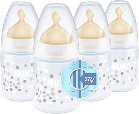 NUK First Choice  Baby Bottles Set, 0-6 Months, Temperature Control, Latex Teat, Anti Colic Vent, BPA-Free, 150 ml, 4 Count