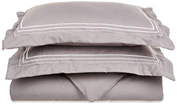 Super Soft Light Weight, 100% Brushed Microfiber, Full/Queen, Wrinkle Resistant, Grey Duvet Cover with White 3-Line Embroidered Pillowshams in Gift Box