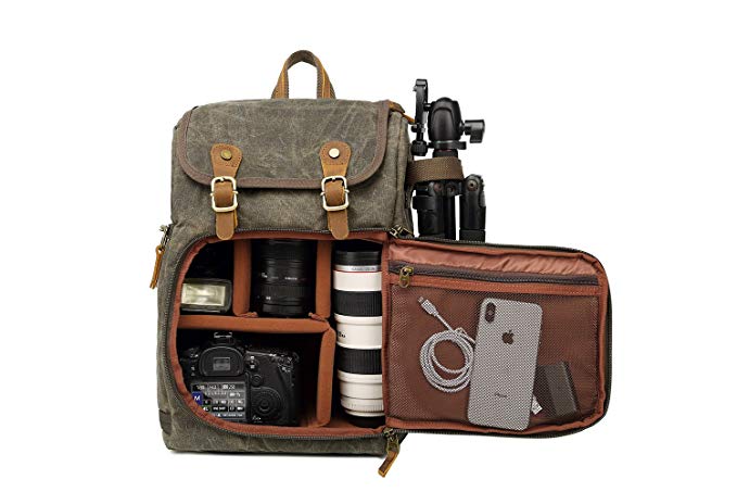 DSLR Camera Canvas Backpack Large Capacity Front Open Waterproof Anti-shock SLR/DSLR Camera Rucksack Camera Travel Bag Professional Camera Bag Green