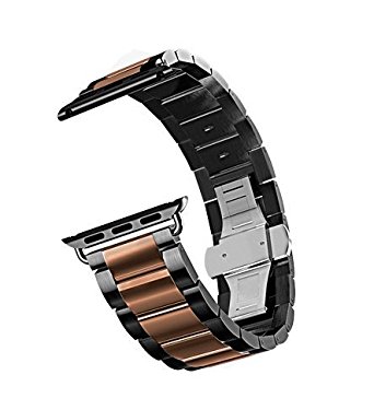 HuanlongTM Apple Watch Band, 42mm Stainless Steel Classic Buckle Watch Strap Band Replacement for Apple Watch Sport Edition (black rosegold 42mm)