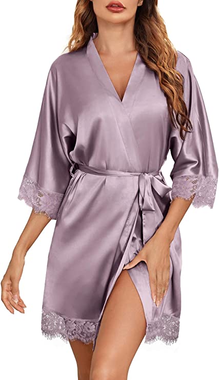 ELOVER Women Satin Kimono Robes Silk Short Bridesmaid Robe Lingerie Dressing Gown