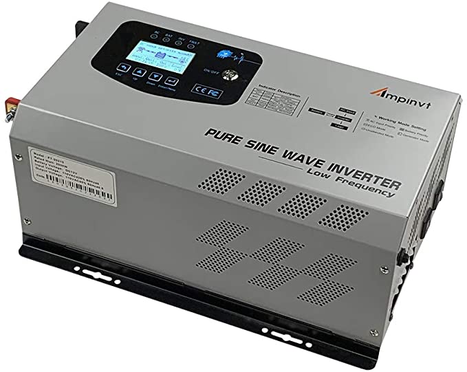 AMPINVT 2000W Peak 6000W Pure Sine Wave Power Inverter DC 12V to 110V AC Output Converter with Battery AC Charger LCD Display,Off Grid Low Frequency Solar Inverter for Car, Battery Priority Selector