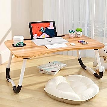 EVERGREEN Foldable Wooden Mini Laptop Table for Bed, Study Table with Drawer, Tablet/Mobile Holder for Kids & Adults (Wood)