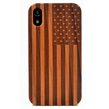 iPhone XR Case, Wood Case American Flag US Handmade Carving Real Wood Case Wooden Case Cover with Soft TPU Back for Apple iPhone XR (2018)