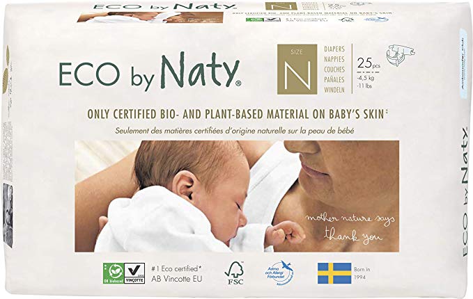 ECO by Naty Premium Disposable Diapers for Sensitive Skin, Size Newborn, 4 Packs, 100 Count