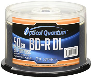 Optical Quantum 6X 50GB BD-R DL White Inkjet Printable Blu-ray Double Layer Recordable Media , 50-Disc Spindle