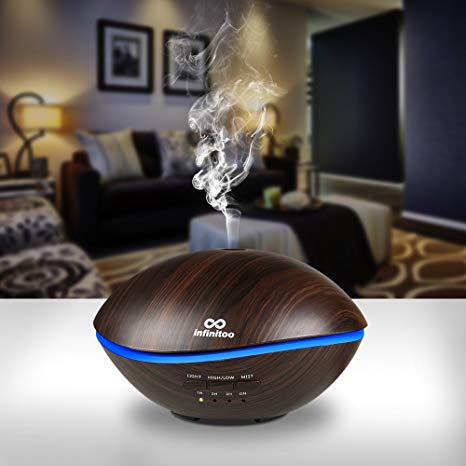 Infinitoo Essential Oils Diffuser 500ml Ultrasonic Aroma Diffuser, Automatic Shut-off Cool Mist Humidifier Diffuser with 4 Modes to Adjust Time and 7 colors for Baby Room, Home,Yoga, SPA, Office (Black Wood Grain)