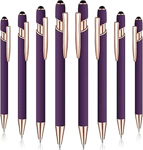 8 Pieces Ballpoint Pen with Stylus Tip Black Ink 2 in 1 Stylus Metal 1.0 mm Medium Point Smooth Pen Rainbow Colorful Rubberized Ballpoint Pen for Touch Screen Tablet (Purple)