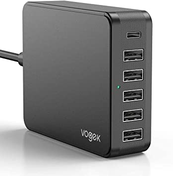 Vogek USB Charging Station 60W 6 Ports Desktop USB C PD Charger with 30W Power Delivery Port for iPhone iPad Galaxy Note Tablet and More (Black)
