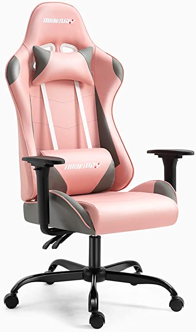 AMINITURE Gaming Chair Racing Style Office Computer Game Chair Adjustable Backrest and Seat Height Swivel Recliner Chair E-Sports Chair with Headrest and Lumbar Support (Pink&Grey)