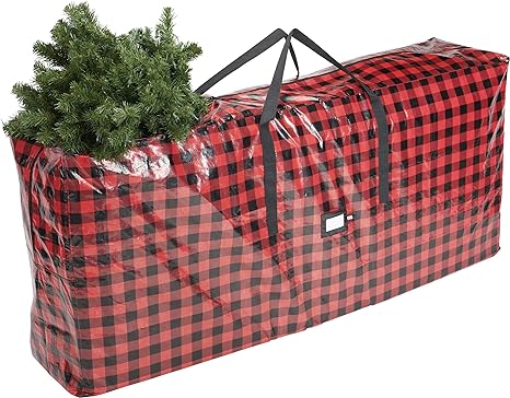 Zober Christmas Tree Storage Bag - Fits 9 Ft Artificial Trees - Plastic, Waterproof Christmas Tree Bag - Strong, Durable Handles - Labeling Card Slot - Red/Black Print