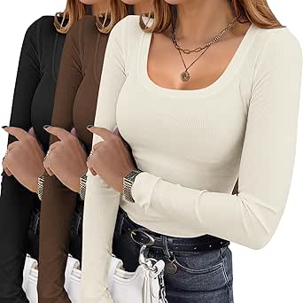 Ekouaer Womens 3 Pack Long Sleeve Shirts Square Neck Basic Ribbed Tops Tee Thermal Undershirts XS-XXL