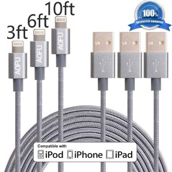 AOFU Lightning Cable,3Pack 3FT 6FT 10FT Nylon Braided Lightning to USB Cable USB Sync Charging Cord for iPhone 6/6s/5/5S/5C, iPad 4, iPad Air 1/2, iPad Mini 1/2/3(Gray)