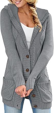 Sidefeel Women's Open Front Hooded Cardigan Sweaters Button Down Long Sleeve Chunky Knit Coat with Pockets