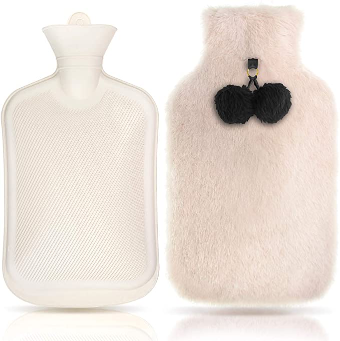 JUFAFA Hot Water Bottle with Cover and Pom Poms, 2L Large Rubber Hot Water Bag,Great for Warmth Aches Pains Relief, Ideal Gifts for Mother Father and Children