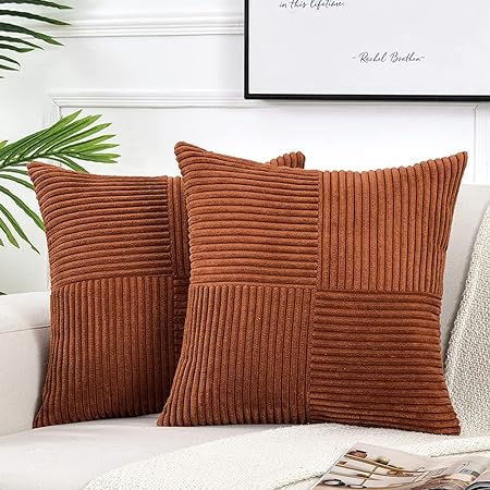 Fancy Homi 2 Packs Rust Decorative Throw Pillow Covers 20x20 Inch for Living Room Couch, Rustic Farmhouse Boho Home Decor, Soft Corss Corduroy Patchwork Accent Terracotta Square Cushion Case 50x50 cm