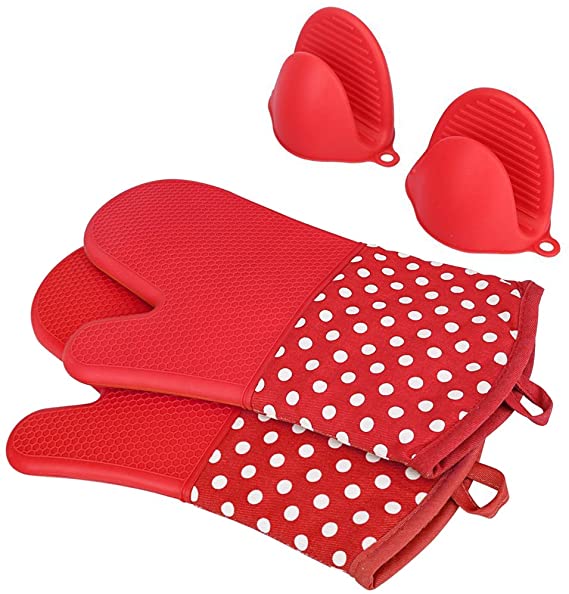 Heat Resistant Silicone Oven Mitts, 1 Pair of Extra Long Potholder Gloves with Bonus 1 Pair of Mini Cooking Pinch Grips, Non-Slip Cotton Lining Kitchen Glove for Baking, Barbeque, Red