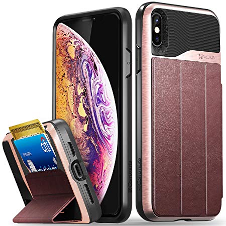 Vena Wallet Case Compatible with Apple iPhone XS Max, [vCommute][Military Grade Drop Protection] Flip Leather Cover Card Slot Holder with Kickstand - Rose Gold/Black/Red
