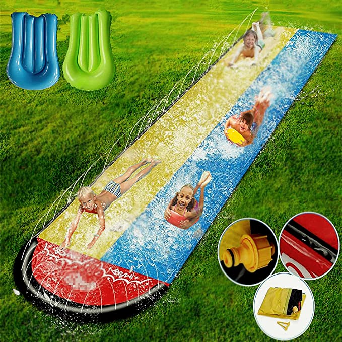 BEAUNISTA Slip and Slide Water Slide with 2 Crash Bodyboard. Splash Pad and Water Spraying Side Rails, Water Slides Double Lane Racing Path Kids Adults for Backyard Races. 4.8FTx16FT