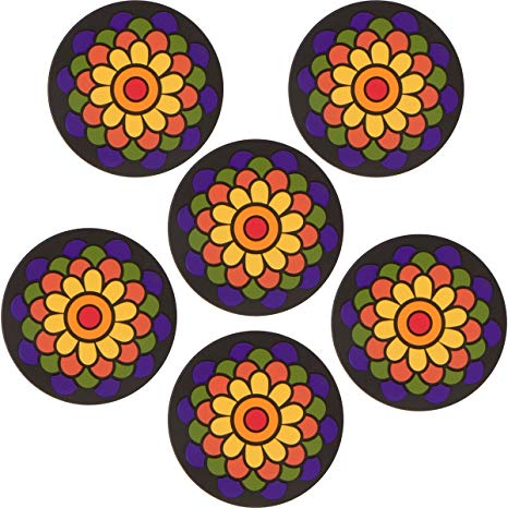 Planet Ethnic Soft PVC Round Flower Designer Coaster Set (6 Coasters). 4 inch diameter, 0.2 inch thick.