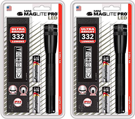 Maglite Mini PRO LED 2-Cell AA Flashlight with Holster Black - SP2P01H, 2 Pack