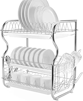 Dish Drying Rack, 3 Tier Dish Rack with Utensil Holder, Cup Holder and Dish Drainer for Kitchen Counter Top, Plated Chrome Dish Dryer Silver